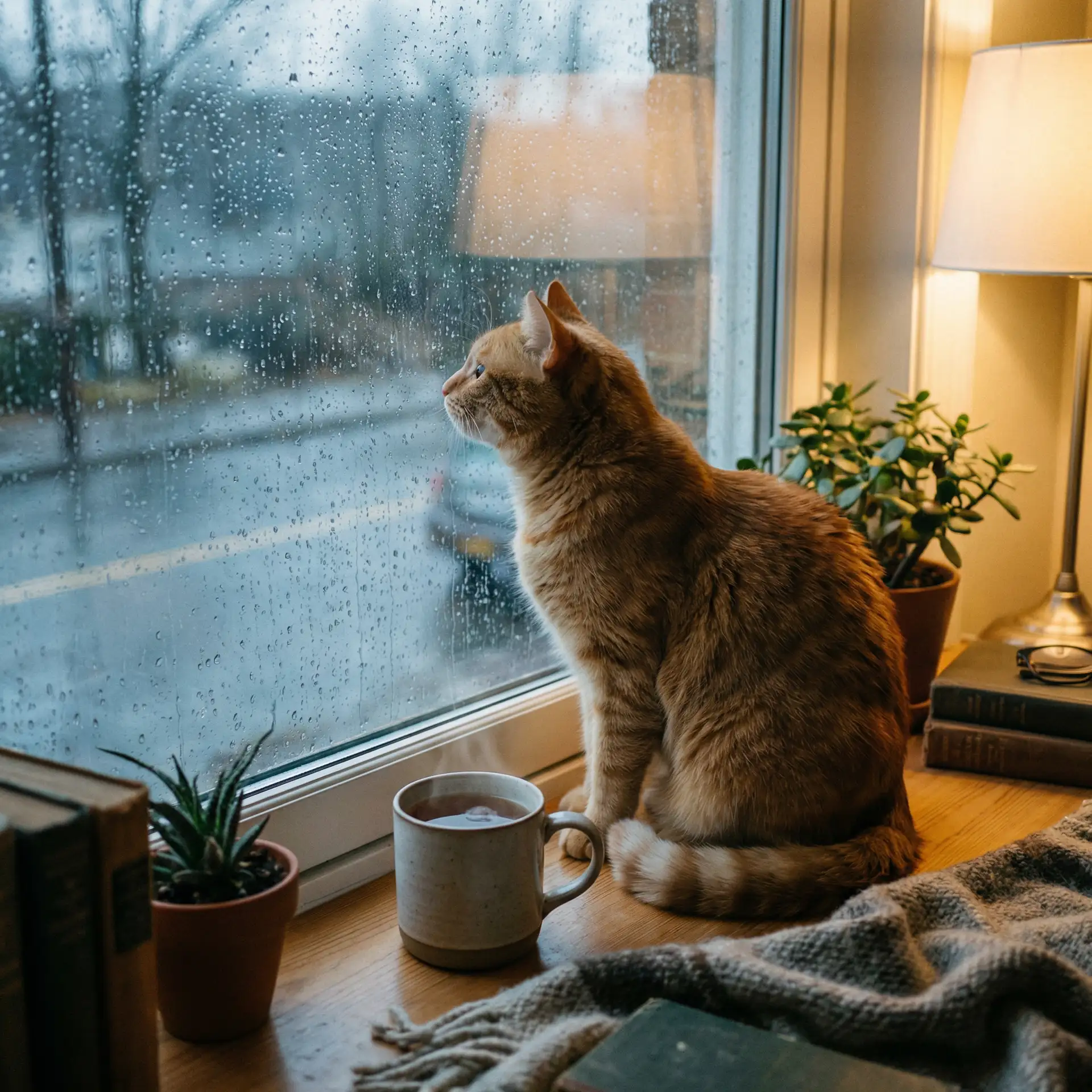 猫咪望着窗外的雨 - 起草网站